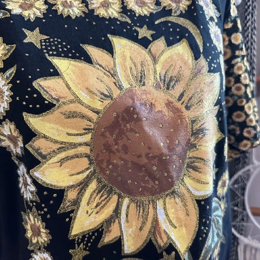 Vintage 80s KWBL Los Angeles Black Sunflower Embellished Short Sleeve T Shirt - Picture 3 of 12